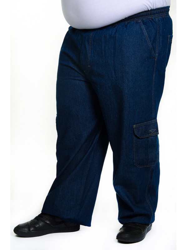 Calça Jeans Cargo com Elástico na Cintura Azul Tradicional