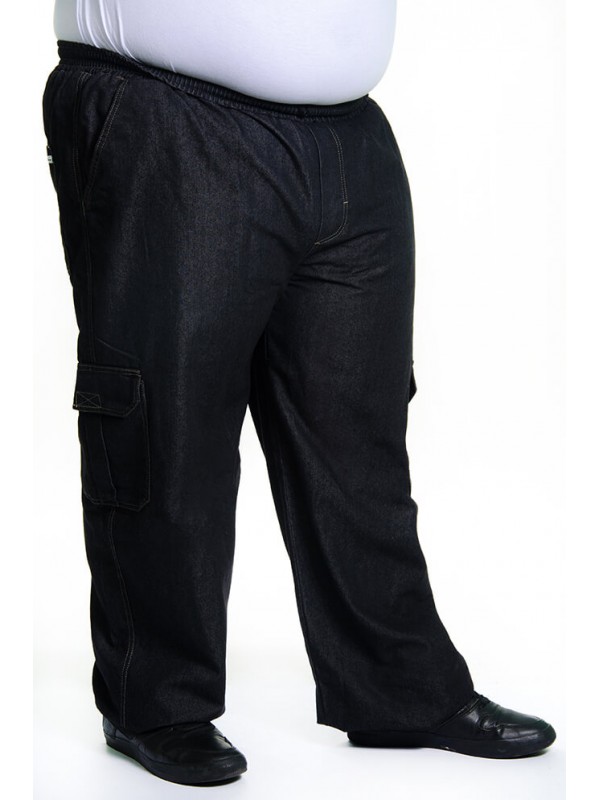 Calça Jeans Cargo com Elástico na Cintura Preta