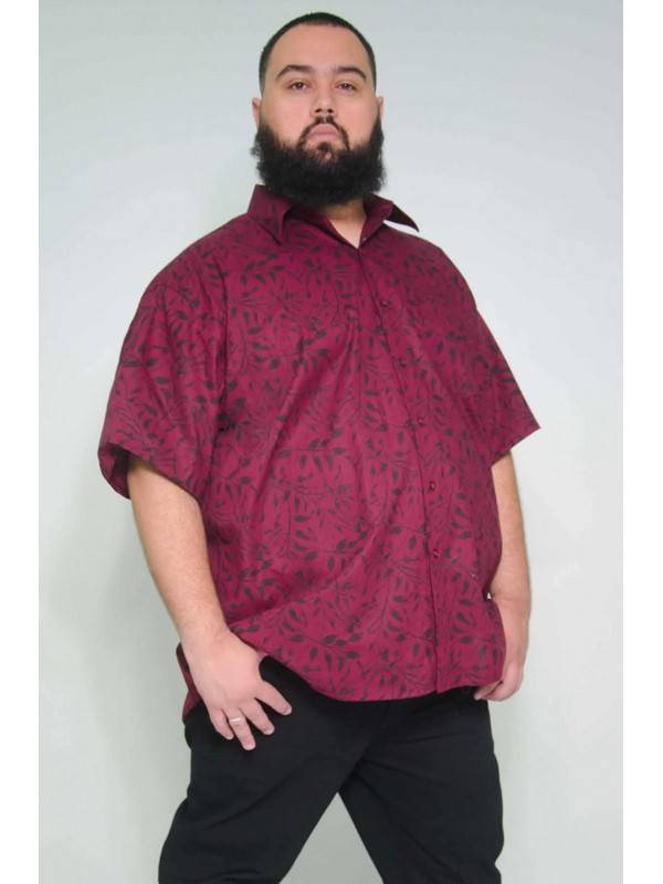 Camisa Social Manga Curta Plus Size Floral Bordo