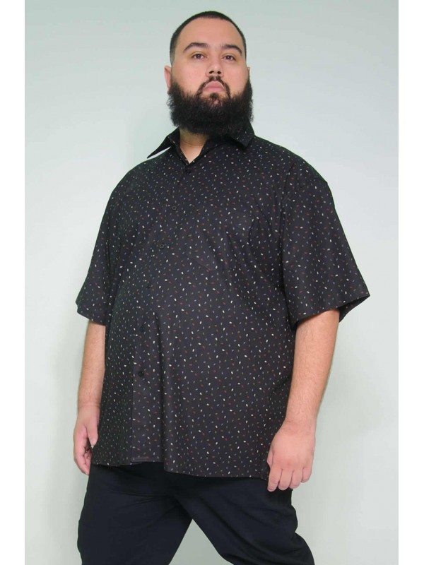 Camisa Social Manga Curta Plus Size Folhas Preta
