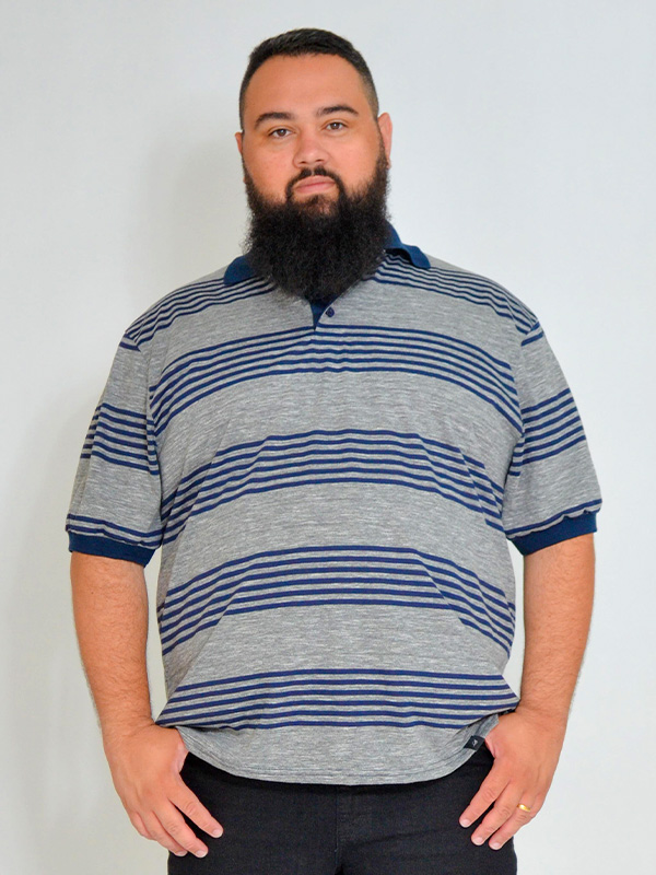 Camiseta Polo Plus Size Listrada Marinho