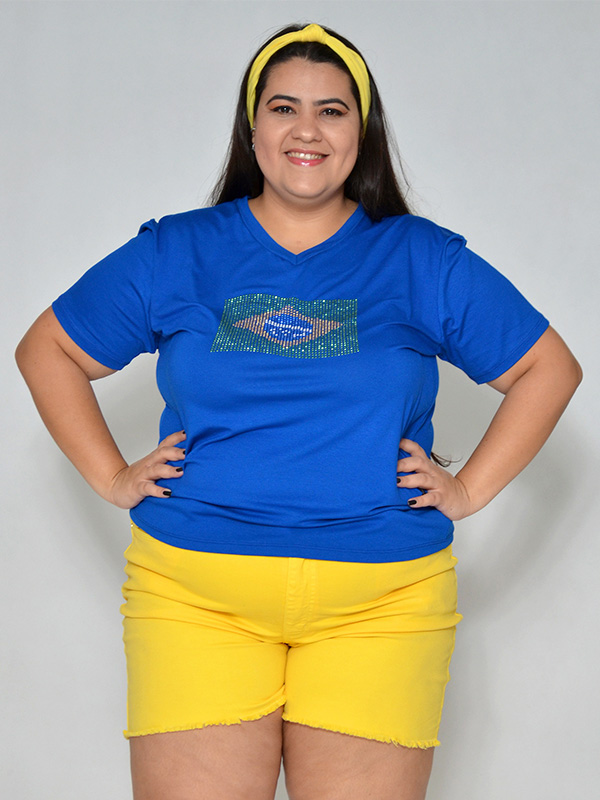 Camiseta Feminina Brasil Strass Bandeira Azul