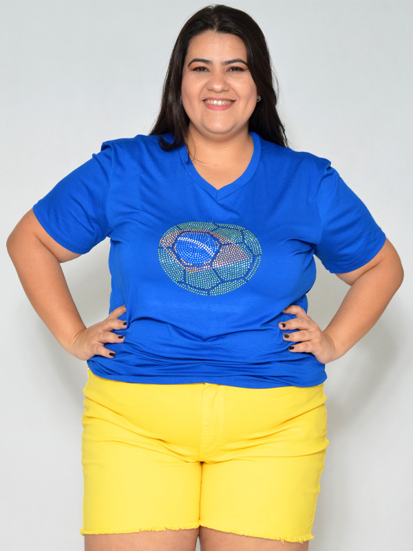 Camiseta Feminina Brasil Strass Bola Azul
