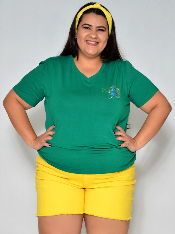 Camiseta Feminina Brasil Strass Mapa Verde